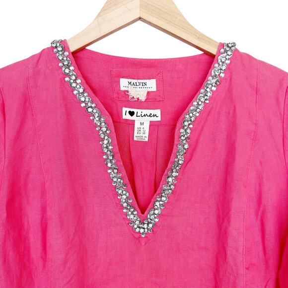 Malvin Pink 100% Linen Beaded Split Neck Tunic Sz M - Picture 2 of 6